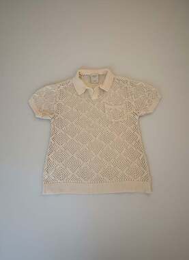 Massive Luxury Cream Open Knit Polo Sweater Top Size S Coastal Chic